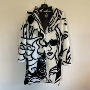 Dawn Levy Faux Fur Art Deco Picasso Faces Statement Coat M Black White Rare ASO